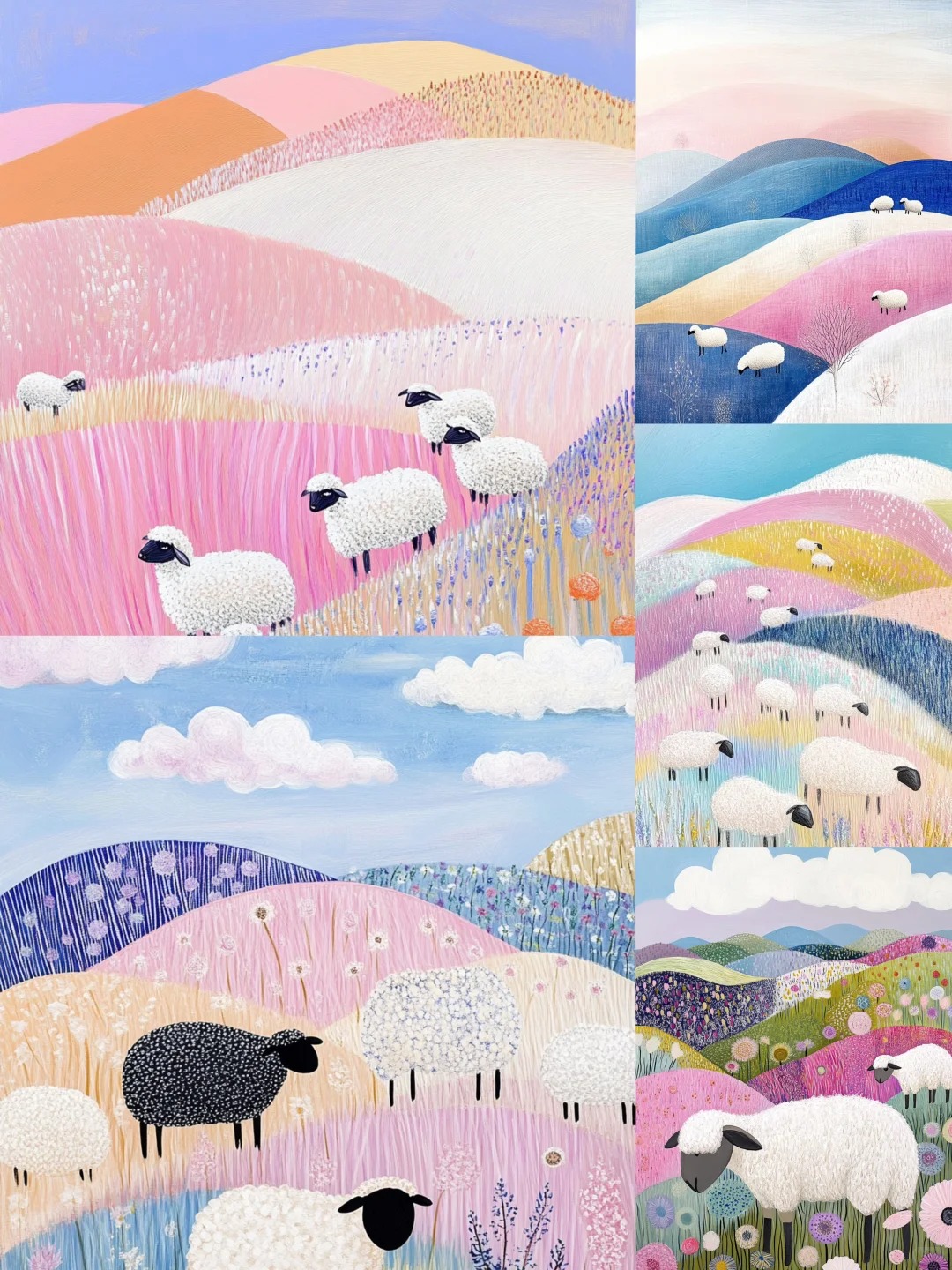 Pastel Sheep Grazing in Woolly Hills