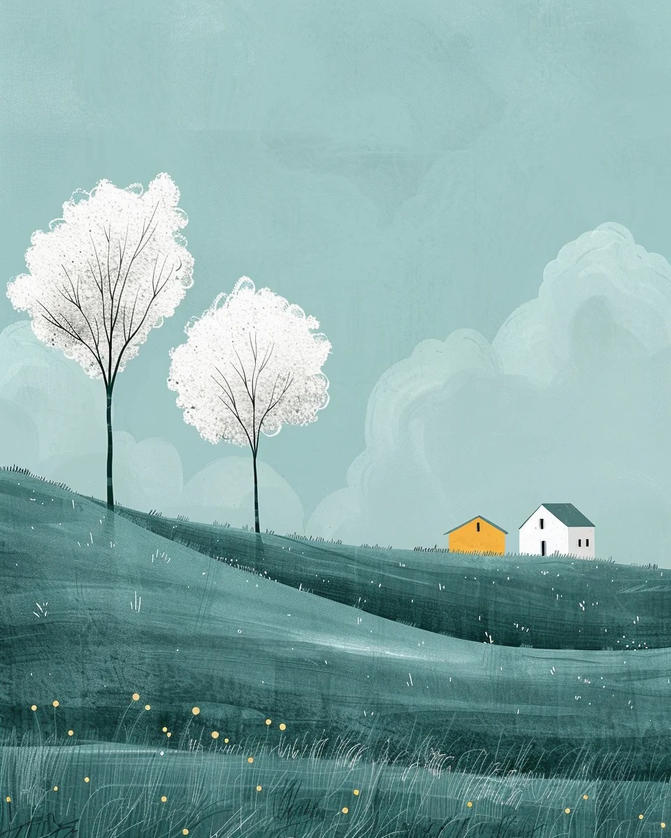 Minimalist White Trees and Yellow House