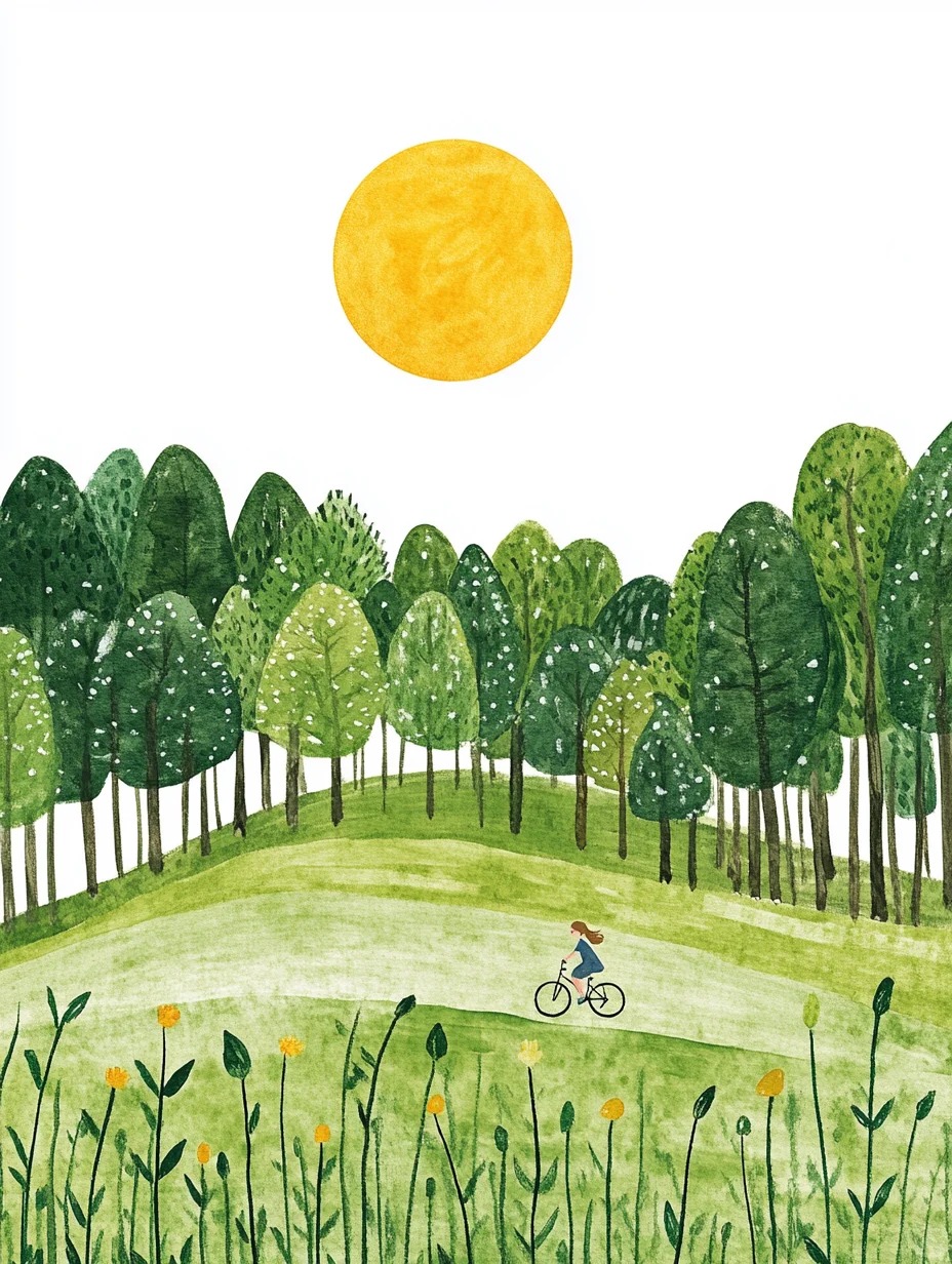 Bicycle in Green Garden: Ink Minimalism
