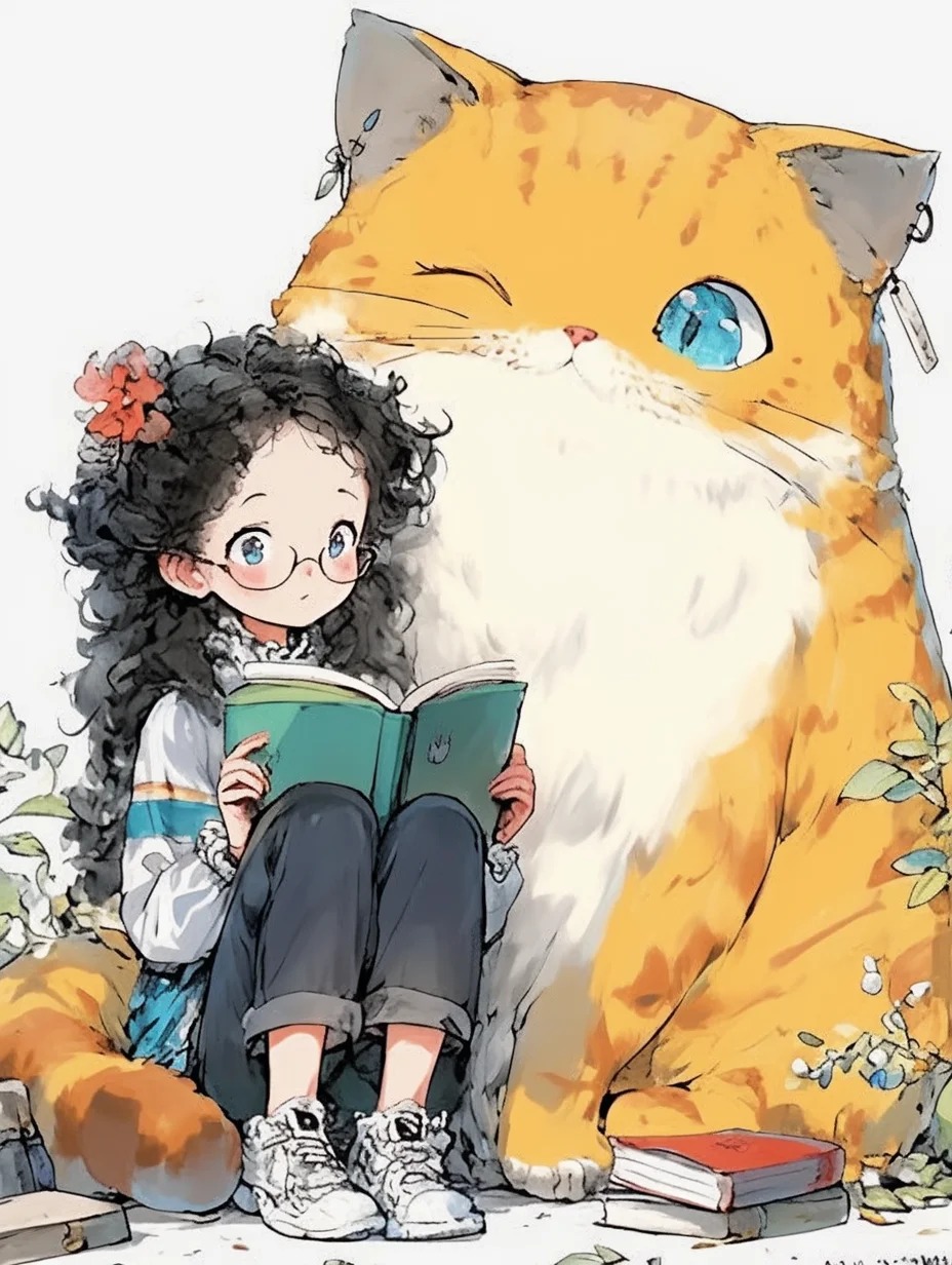 Giant Tabby Companion: Girl and Cat in Bloom