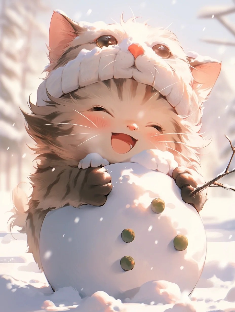 Silver Pink Kitten Snowman by Makoto Shinkai